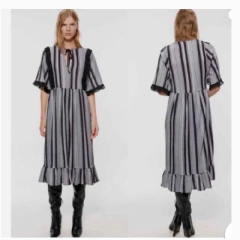 Zara Black and White Ruffle Sleeve Dress EUC‎ Sz S Cottage Core Prairie Country